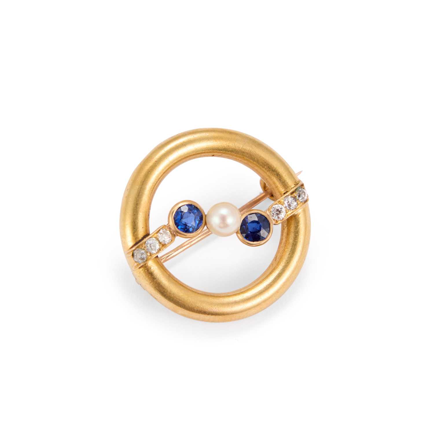 A SAPPHIRE, CULTURED PEARL AND DIAMOND BROOCH