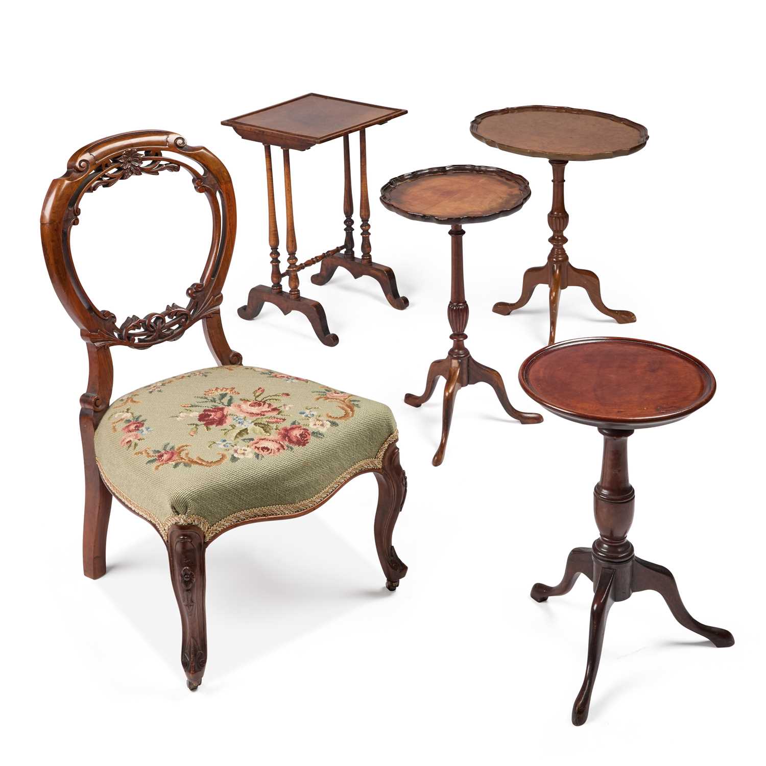 FOUR 20TH CENTURY OCCASIONAL TABLES AND A VICTORIAN WALNUT NURSING CHAIR