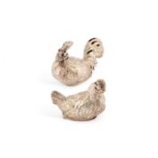 A PAIR OF FRENCH SILVER 'CHICKEN' PEPPERS