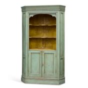 A GEORGIAN STYLE GREEN-PAINTED PINE FLOOR-STANDING CORNER CABINET