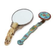 A CHINESE SILVER AND JADE HAND-MIRROR AND A CHINESE CLOISONNÉ RUYI SCEPTRE
