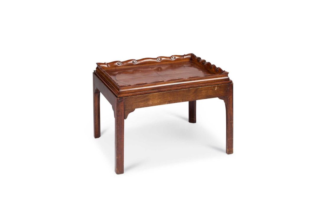 A 19TH CENTURY MAHOGANY BUTLER'S TRAY ON STAND