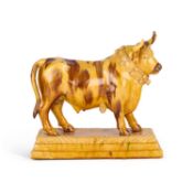 A LARGE PORTUGUESE POTTERY FLASK IN THE FORM OF A BULL, 19TH CENTURY