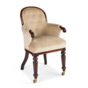 A 19TH CENTURY MAHOGANY AND UPHOLSTERED LIBRARY CHAIR
