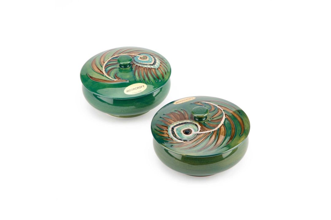 A PAIR OF MOORCROFT POTTERY POWDER BOWLS AND COVERS, DESIGNED BY SALLY TUFFIN FOR LIBERTY & CO - Image 1 of 6
