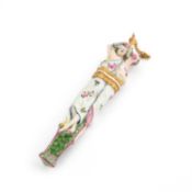 A RARE CHELSEA PORCELAIN FIGURAL SCENT BOTTLE AND BODKIN CASE, CIRCA 1760