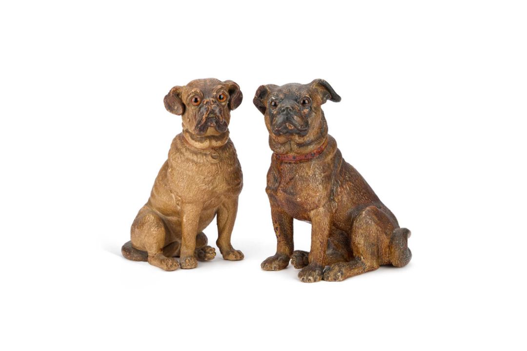 TWO AUSTRIAN PAINTED TERRACOTTA MODELS OF SEATED PUGS, LATE 19TH CENTURY - Image 1 of 2
