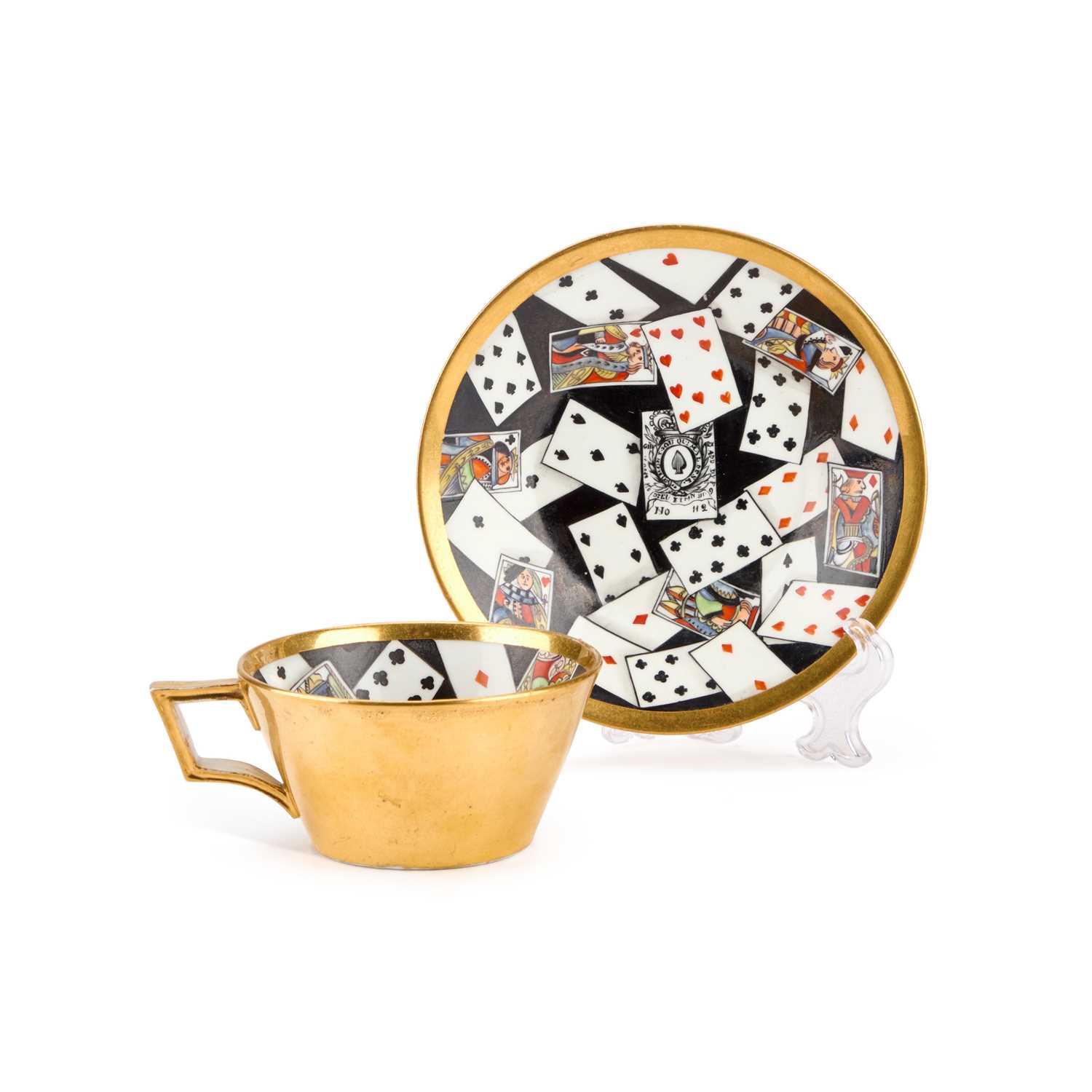 A RARE DERBY TROMPE L'OEIL 'PLAYING CARDS' CUP AND SAUCER, CIRCA 1815