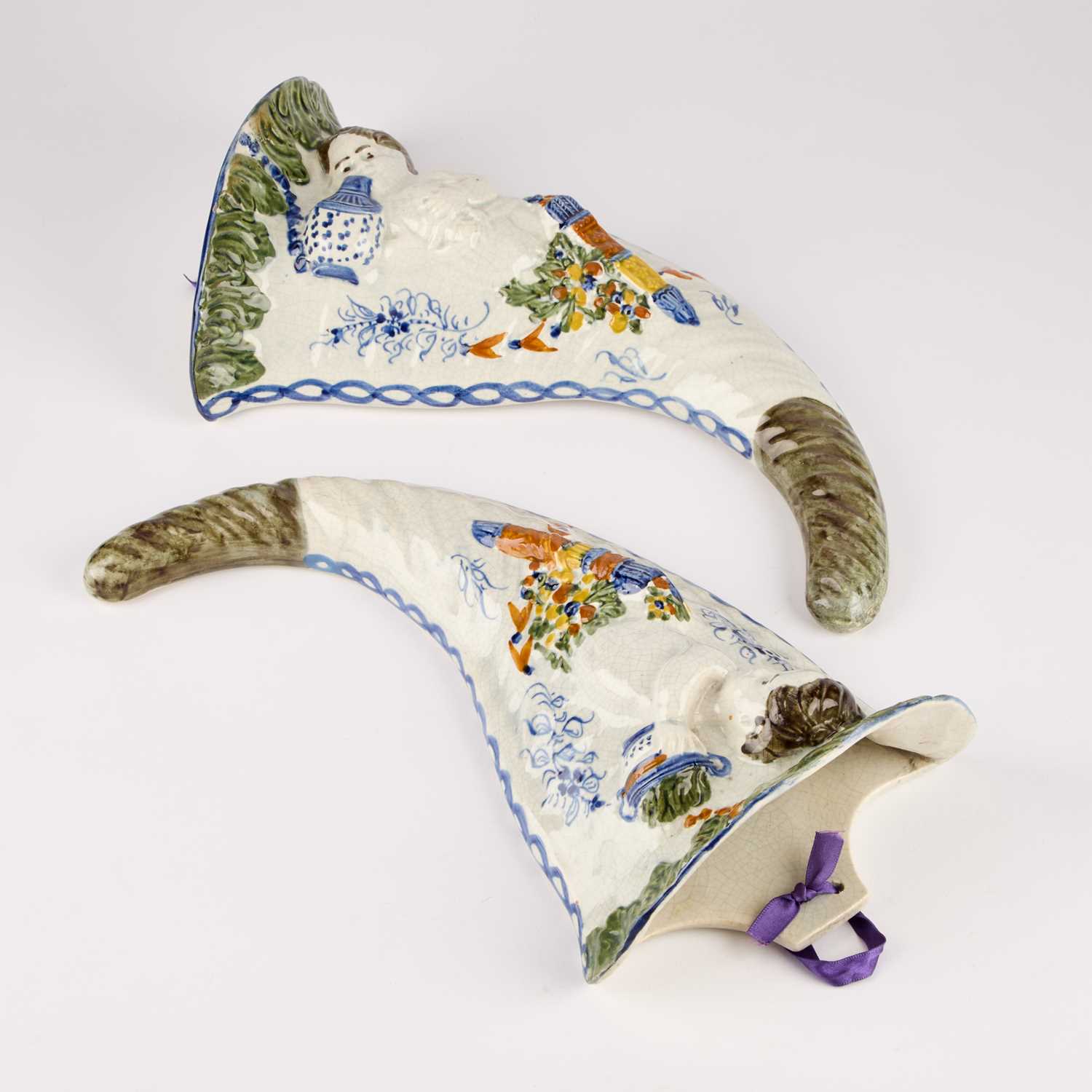 A PAIR OF PRATT WARE CORNUCOPIA WALL POCKETS, CIRCA 1800 - Image 2 of 3