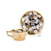 A RARE DERBY TROMPE L'OEIL 'PLAYING CARDS' CUP AND SAUCER, CIRCA 1815