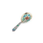 A NORWEGIAN SILVER AND PLIQUE-À-JOUR ENAMEL CADDY SPOON