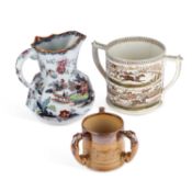 A LARGE VICTORIAN TRANSFER-PRINTED 'STEEPLE CHASE' LOVING CUP