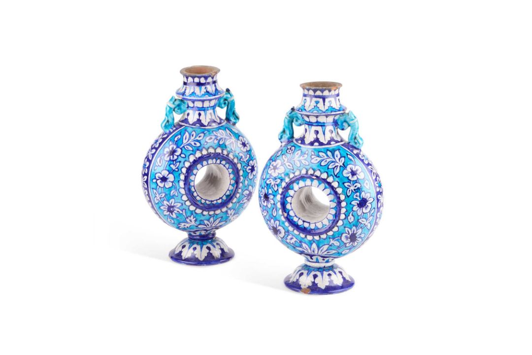 BOMBAY SCHOOL OF ARTS: A PAIR OF POTTERY FLASKS IN THE MULTAN STYLE, INDIA, CIRCA 1880 - Image 1 of 4