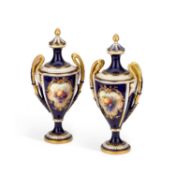 A PAIR OF ROYAL WORCESTER FRUIT-PAINTED TWO-HANDLED VASES AND COVERS BY RICHARD SEBRIGHT