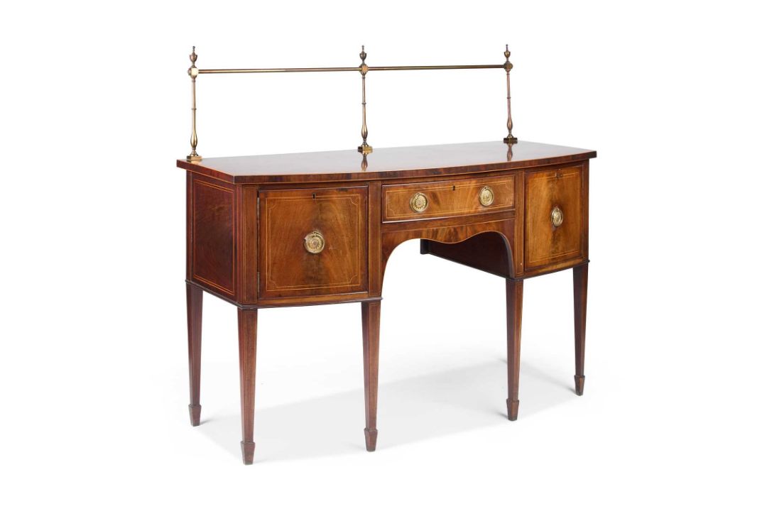 A GEORGE III STYLE STRING-INLAID MAHOGANY BOW-FRONT SIDEBOARD