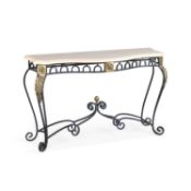 A CONTEMPORARY MARBLE-TOPPED, PARCEL-GILT AND WROUGHT IRON CONSOLE TABLE