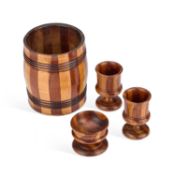 A 19TH CENTURY STAVED AND BANDED BARREL-SHAPED SALT BOX