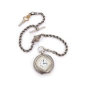 A SILVER FOB WATCH AND CHAIN