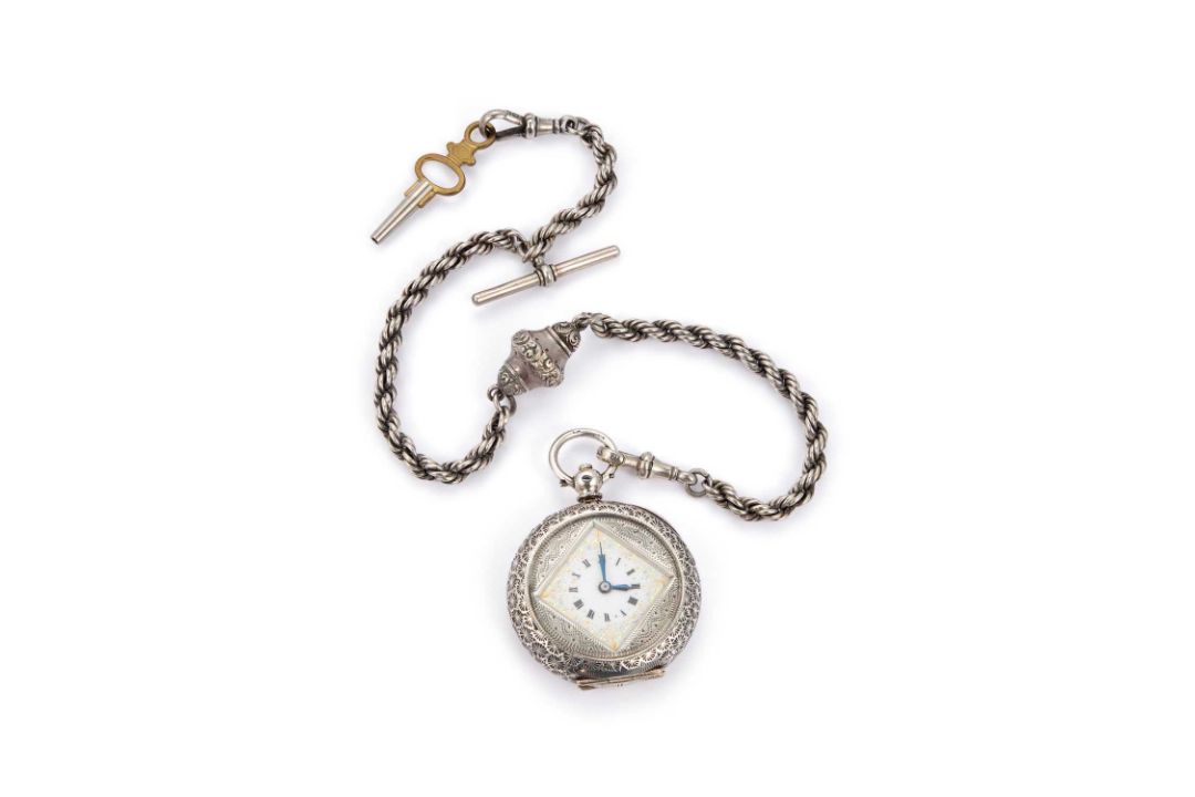 A SILVER FOB WATCH AND CHAIN