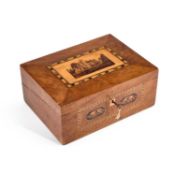 A 19TH CENTURY WALNUT AND TUNBRIDGE WARE WRITING SLOPE
