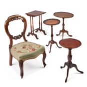 FOUR 20TH CENTURY OCCASIONAL TABLES AND A VICTORIAN WALNUT NURSING CHAIR