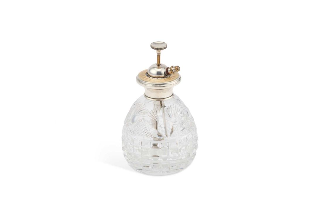 A GEORGE V SILVER, ENAMEL AND CUT-GLASS ATOMISER