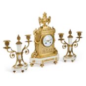 A LATE 19TH CENTURY FRENCH THREE-PIECE GILT-METAL AND MARBLE CLOCK GARNITURE