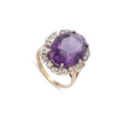 A 9 CARAT GOLD AMETHYST AND DIAMOND RING