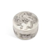 A CHINESE SILVER CIRCULAR BOX AND COVER