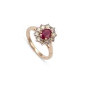 A CONTEMPORARY 9 CARAT GOLD, RUBY AND DIAMOND CLUSTER RING