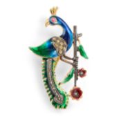 A SILVER-GILT AND ENAMEL PEACOCK BROOCH