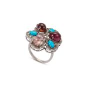 A SILVER, TOURMALINE AND TURQUOISE DRESS RING