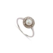 A PLATINUM PEARL AND DIAMOND RING