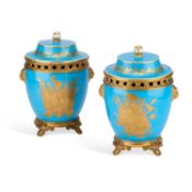A PAIR OF 19TH CENTURY FRENCH GILT-METAL MOUNTED SEVRES PORCELAIN POT POURRI VASES AND COVERS
