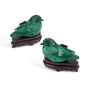 A PAIR OF EARLY 20TH CENTURY CHINESE CARVED MALACHITE BIRD BOXES AND COVERS
