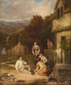CIRCLE OF EDMUND BRISTOW (1787-1876) FAMILY OUTSIDE THEIR COTTAGE