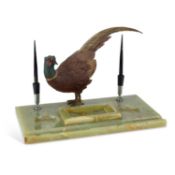 AN EARLY 20TH CENTURY COLD-PAINTED BRONZE AND GREEN ONYX INKSTAND