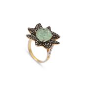 A STATEMENT AQUAMARINE AND DIAMOND RING