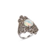 A SILVER OPAL AND DIAMOND DRESS RING