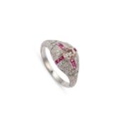 AN ART DECO STYLE PLATINUM DIAMOND AND RUBY RING