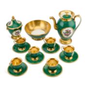 A PARIS PORCELAIN EMPIRE-STYLE GREEN-GROUND AND GILT COFFEE SERVICE, MID-19TH CENTURY