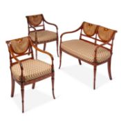A EDWARDIAN STYLE PAINTED AND CANEWORK SETTEE AND PAIR OF ARMCHAIRS