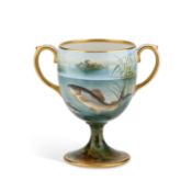 A 19TH CENTURY PAINTED POTTERY TWO-HANDLED CUP