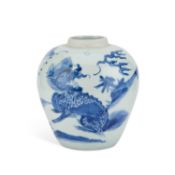 A CHINESE BLUE AND WHITE 'KYLIN' GINGER JAR, SHUNZHI PERIOD, 17TH CENTURY