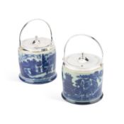 A PAIR OF SILVER-PLATE MOUNTED BLUE-PRINTED POTTERY BISCUIT BARRELS
