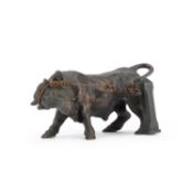 19TH CENTURY FRENCH SCHOOL BRONZE SCULPTURE OF A BULL TEATHERED TO A POST