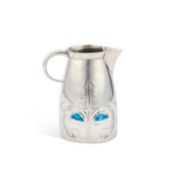 ARCHIBALD KNOX (1864-1933) FOR LIBERTY & CO, A TUDRIC PEWTER AND ENAMEL JUG