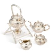 A CHINESE SILVER TEA SERVICE AND KETTLE ON STAND