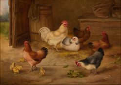 EDGAR HUNT (1876-1953) CHICKENS AND CHICKS IN A BARN