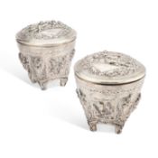 A LARGE PAIR OF THAI SILVER BETEL BOXES